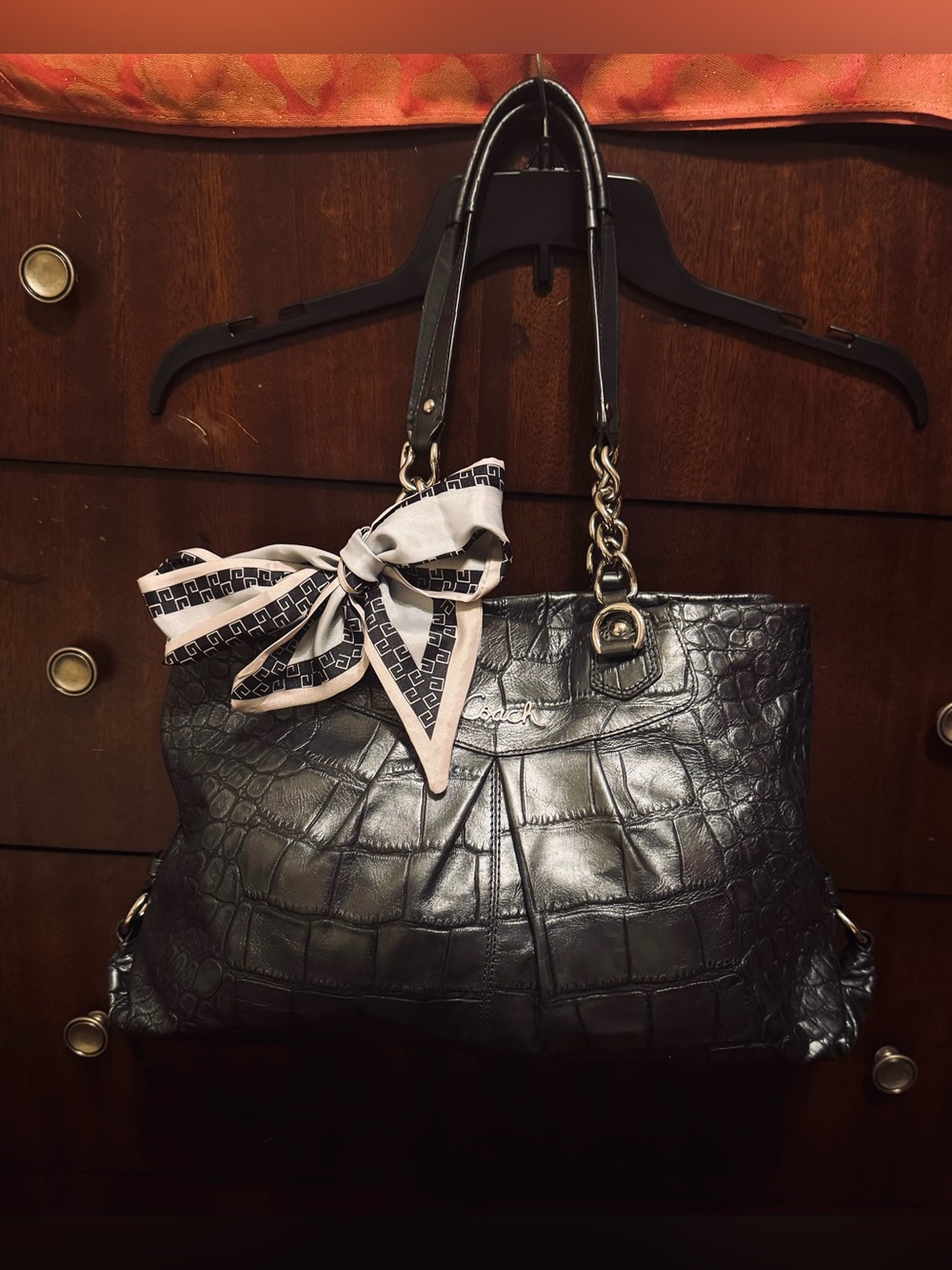 Coach Blue Gray Croc-Embossed Shoulder Tote with Scarf Accent